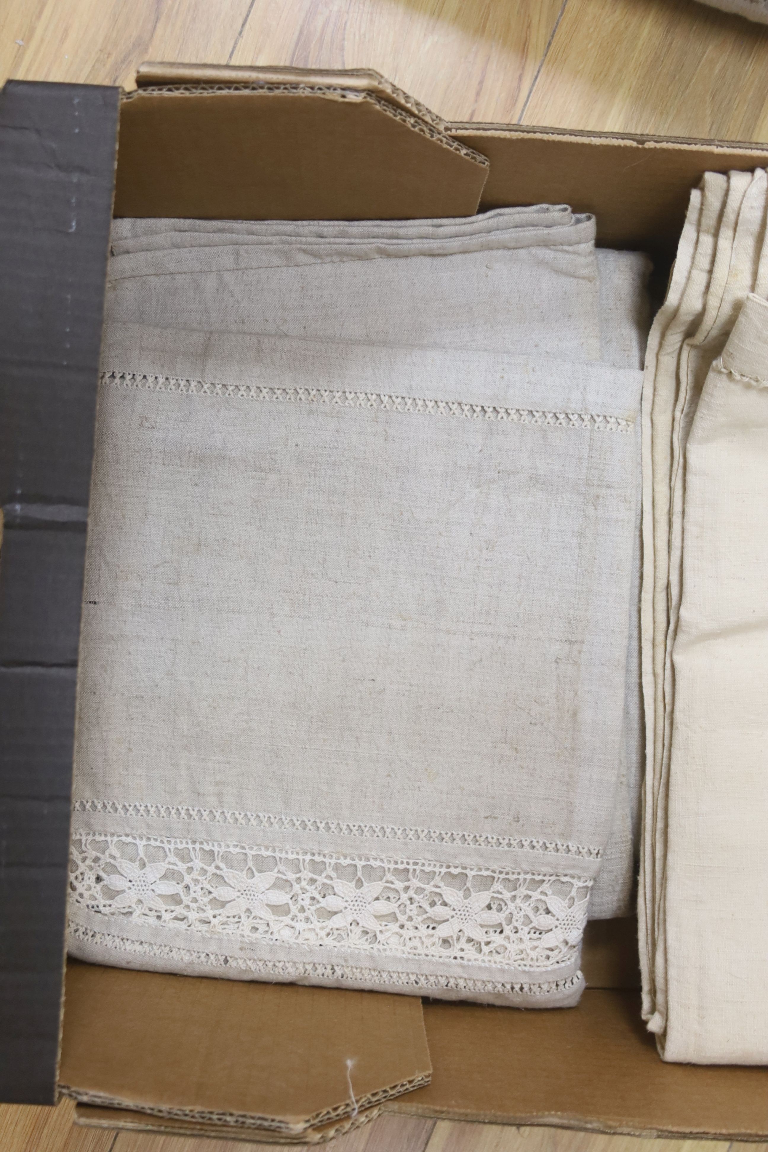 Two matching lace inserted French provincial sheets together with four similar sheets